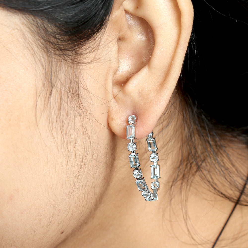 Baguette Cut Aquamarine Gemstone Long Hoop Earrings In 18K White Gold