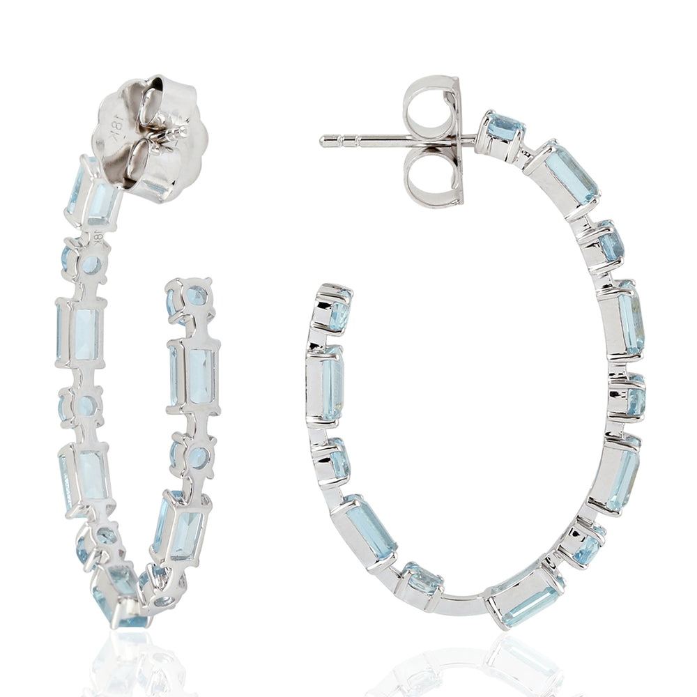Baguette Cut Aquamarine Gemstone Long Hoop Earrings In 18K White Gold
