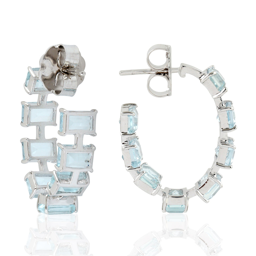 Baguette Cut Aquamarine Gemstone Long Hoop Earrings In 18k White Gold