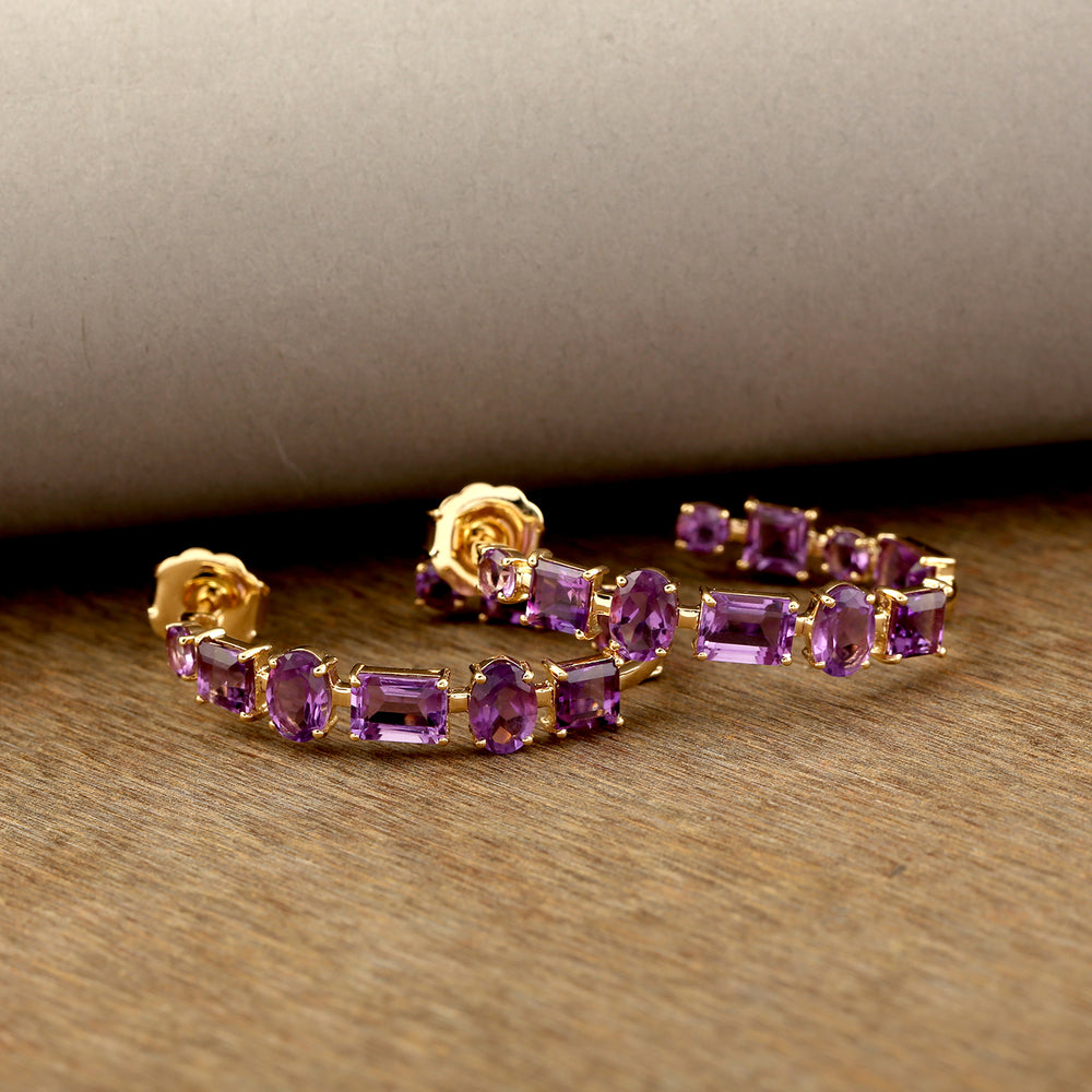 Mix Shape Amethyst February Birthstone Long Hoop Earrings In 18K Yellow Gold