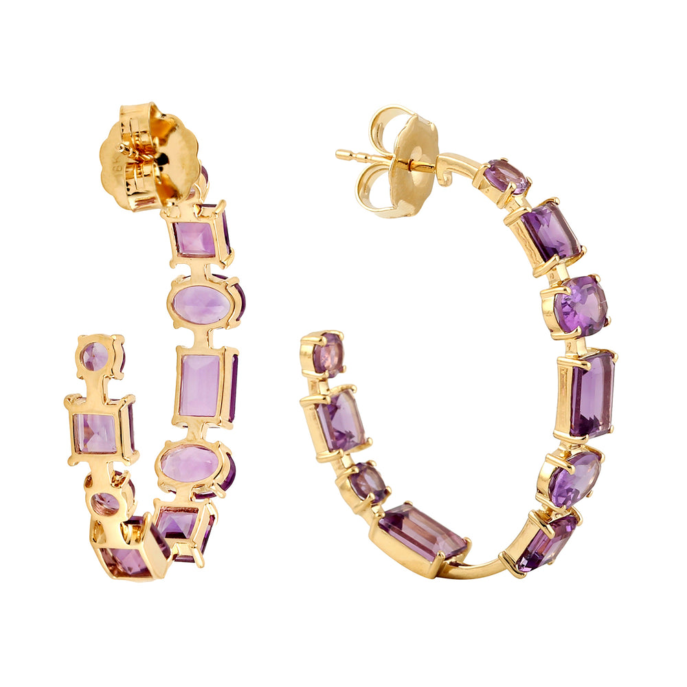 Mix Shape Amethyst February Birthstone Long Hoop Earrings In 18K Yellow Gold