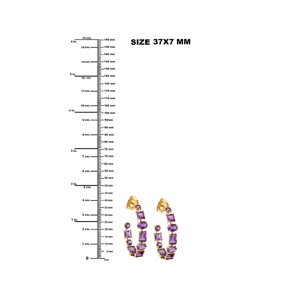 Mix Shape Amethyst February Birthstone Long Hoop Earrings In 18K Yellow Gold
