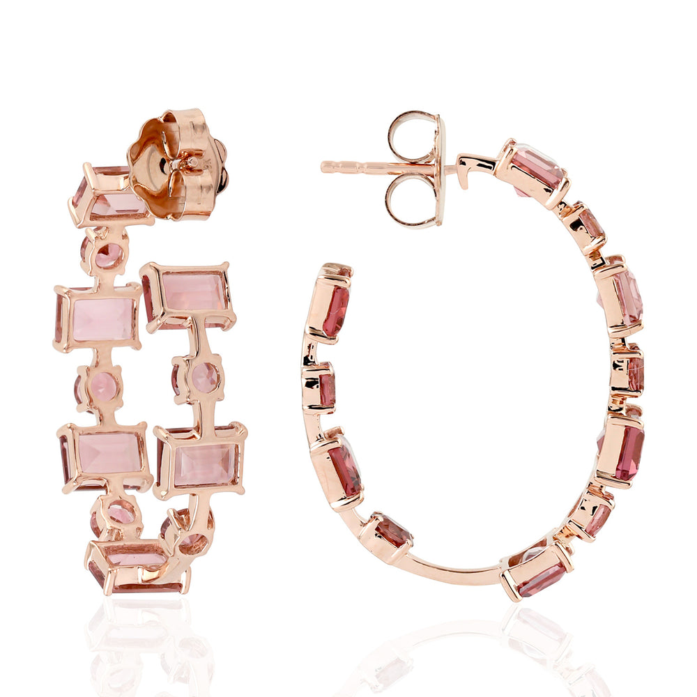 Prong Set Pink Tourmaline Gemstone In 18k Rose Gold Hoop Earrings