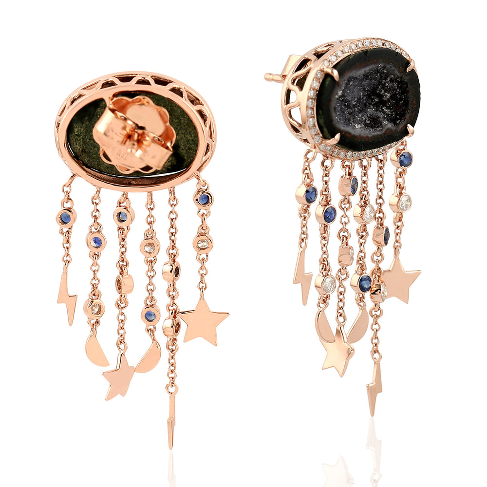 Black Geode & Sapphire Diamond Starburst Dangle Earrings in 18K Rose Gold