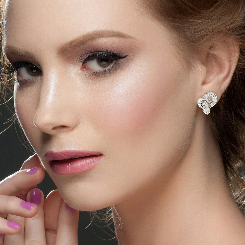 18K White Gold Prong Ruby Gemstone Pave Diamond Carved Snake Stud Earrings