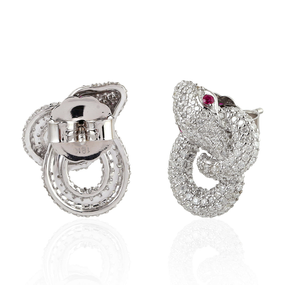 18K White Gold Prong Ruby Gemstone Pave Diamond Carved Snake Stud Earrings