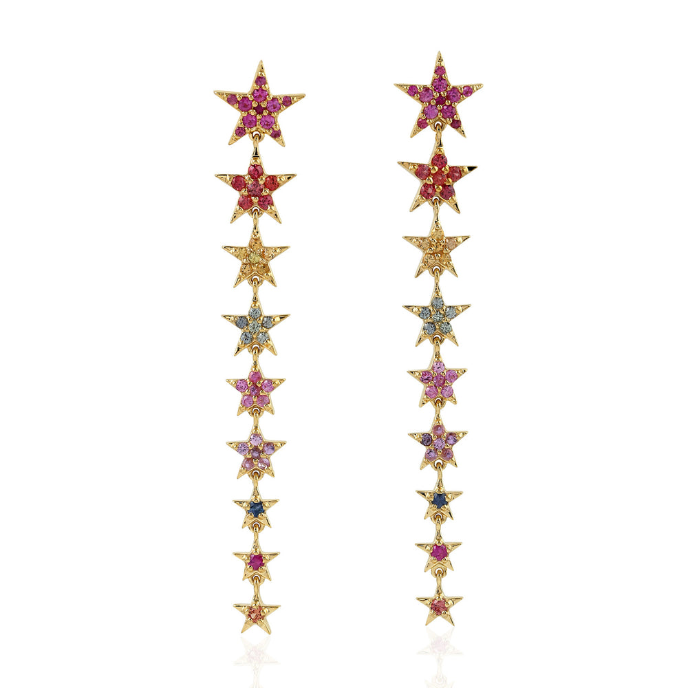 Multicolor Sapphire Gemstone Star Dangle Earrings In Yellow Gold