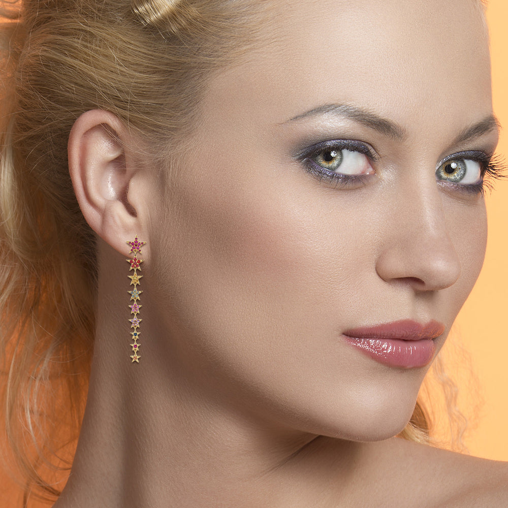 Multicolor Sapphire Gemstone Star Dangle Earrings In Yellow Gold