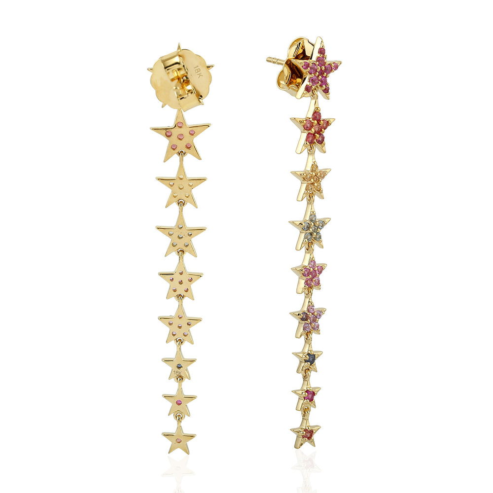 Multicolor Sapphire Gemstone Star Dangle Earrings In Yellow Gold