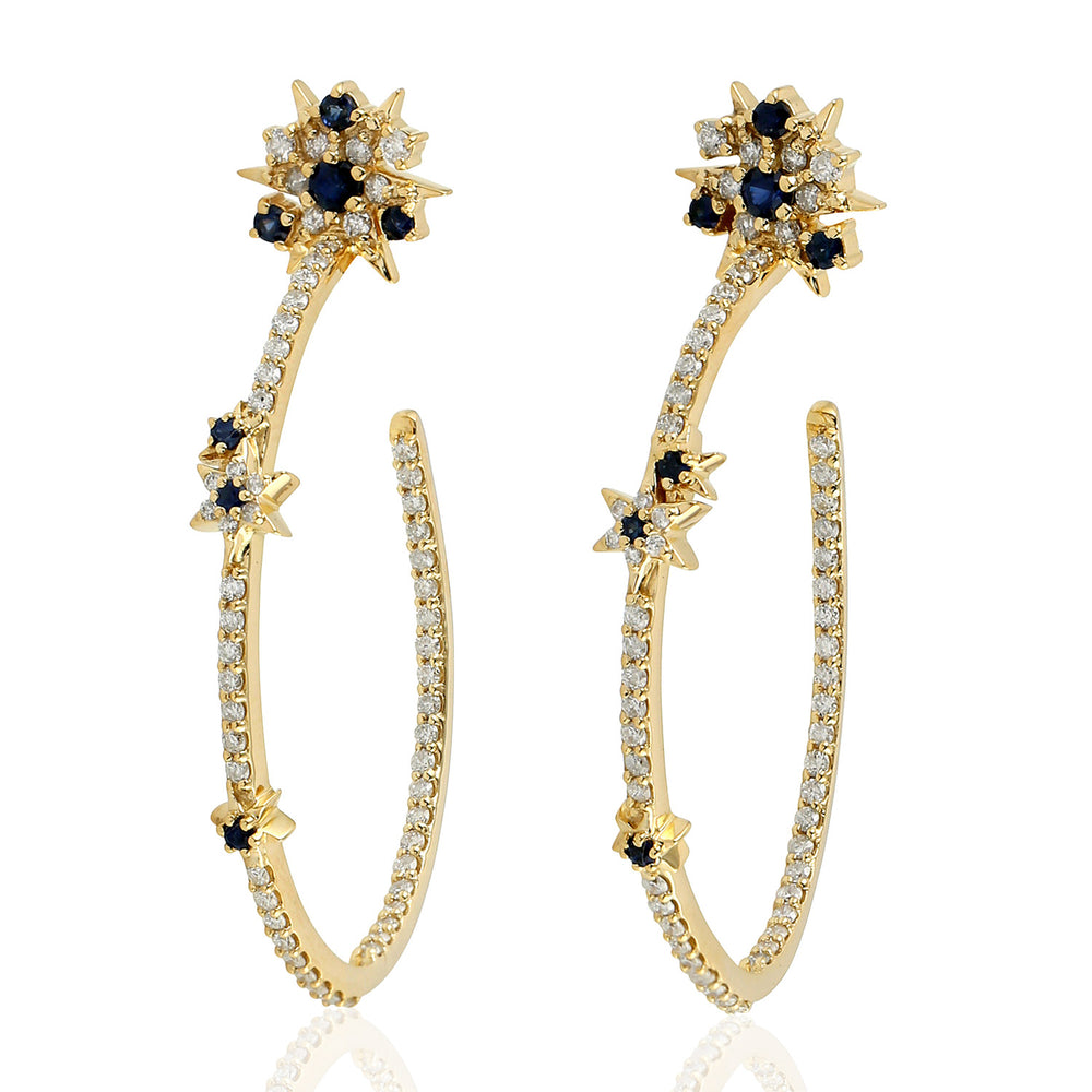 Natural Blue Sapphire Pave Diamond Star Design Hoop Earrings in 18k Yellow Gold