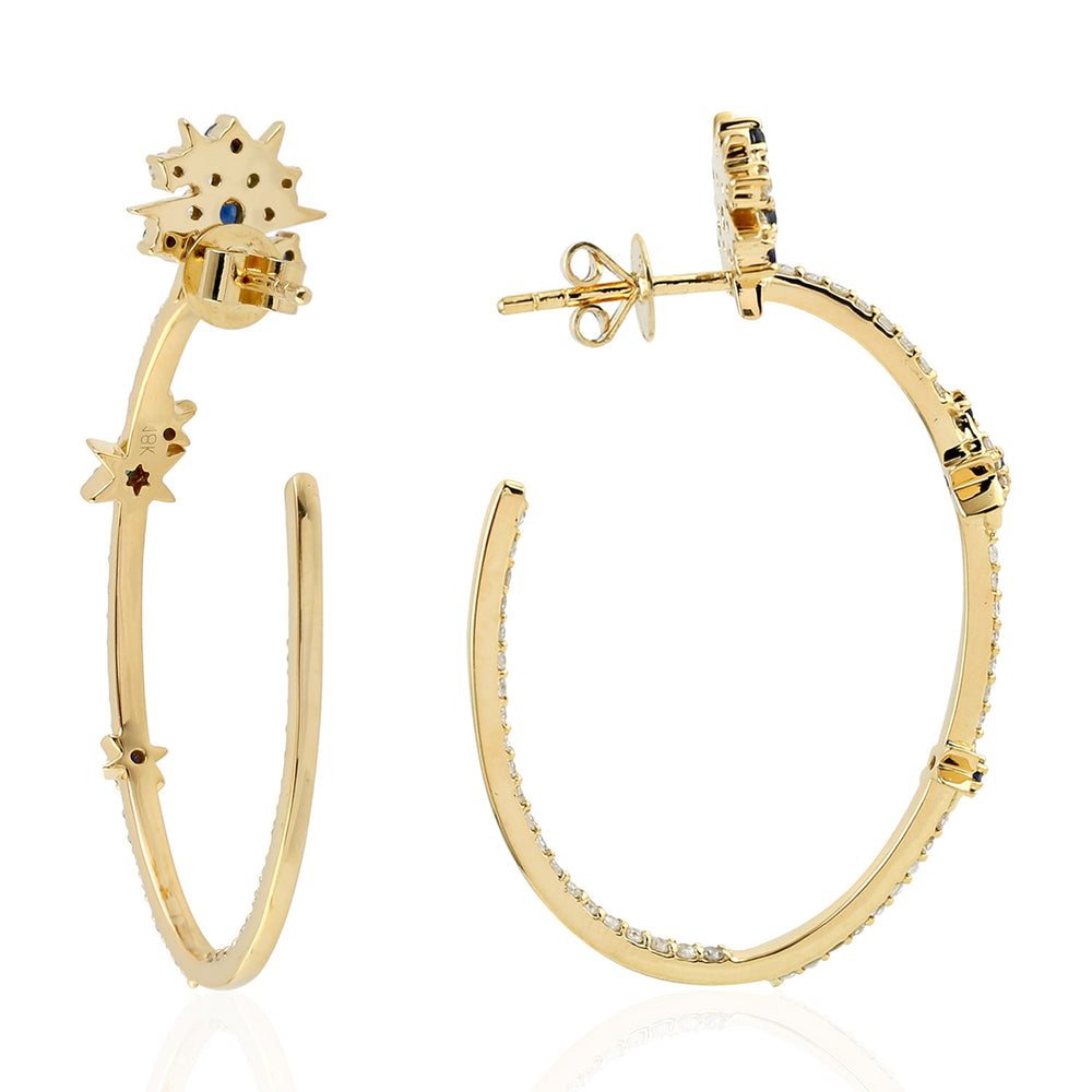 Blue Sapphire Gemstone Pave Diamond Star Hoop Earrings In 18k Yellow Gold