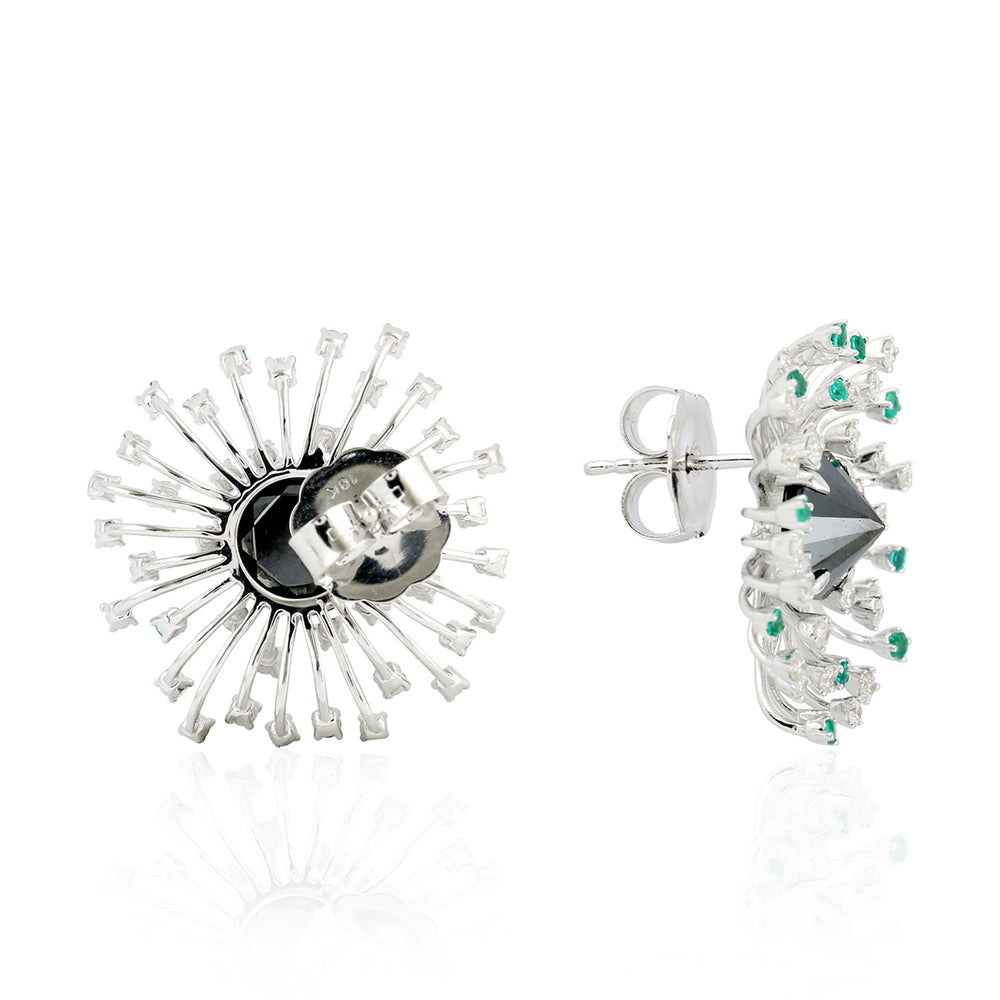 Black White Diamond Emerald Gemstone Sun Burst Stud Earrings In White Gold
