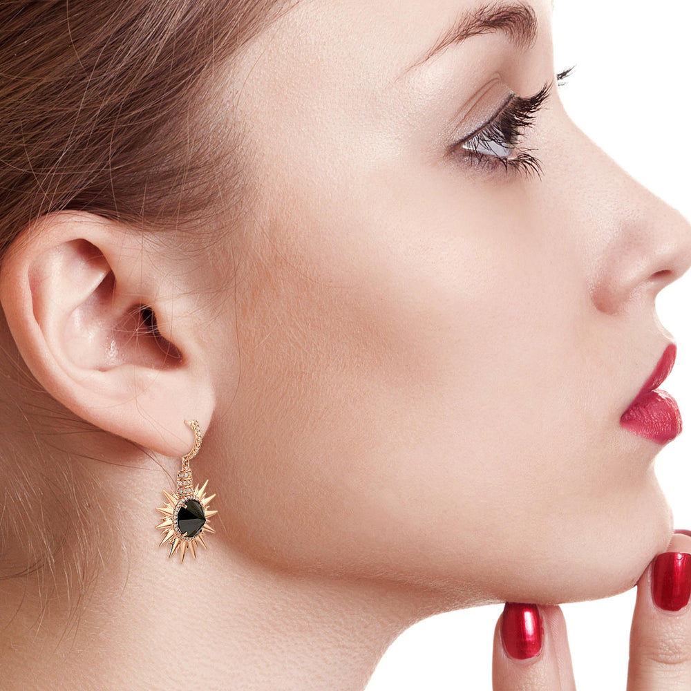 18K Rose Gold Prong Set Diamond Sunburst Dangler Hoop Earrings