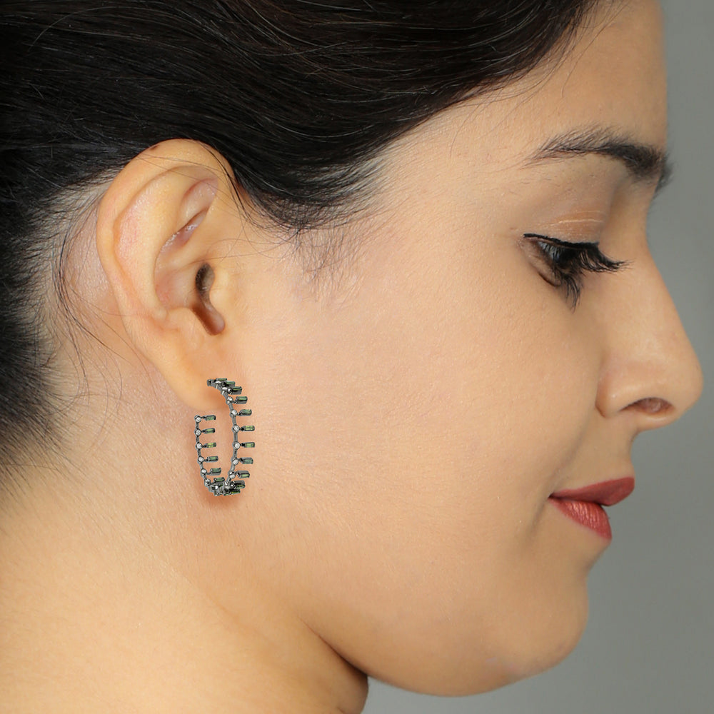 Colored Baguette Diamond Hoop Earrings in 18K White Gold – Rainbow Fine Jewelry