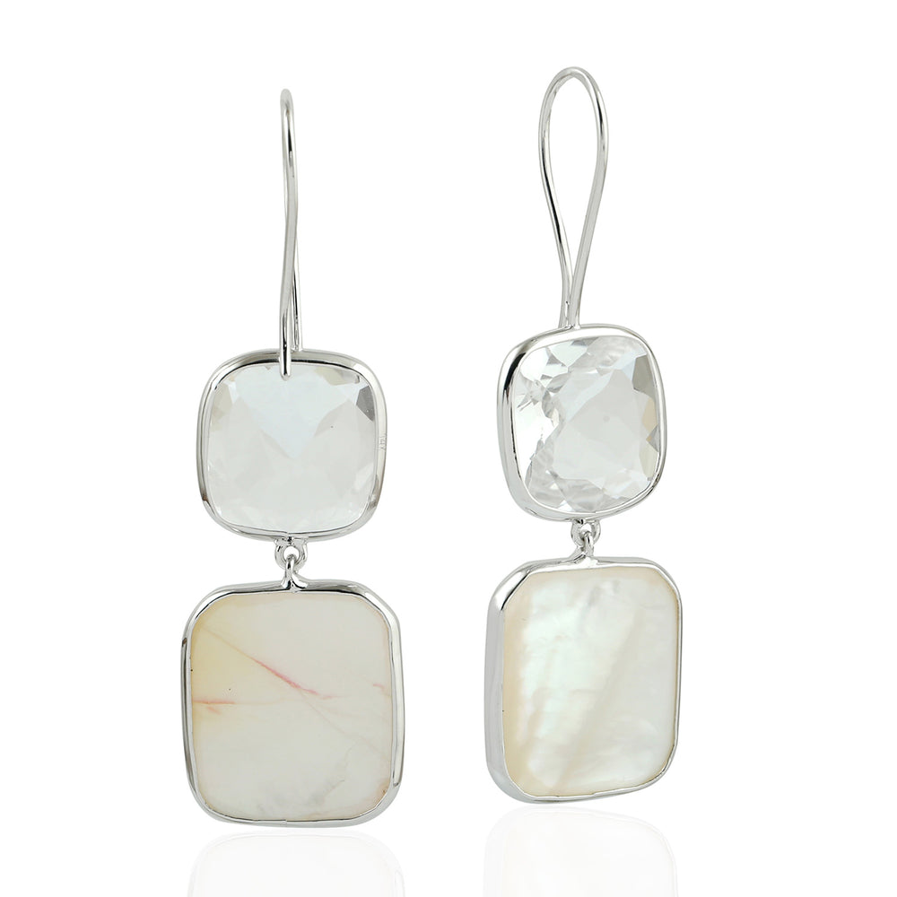 MOP Bezel Quartz Crystal Gemstone In 14k White Gold Ear Hook Earrings