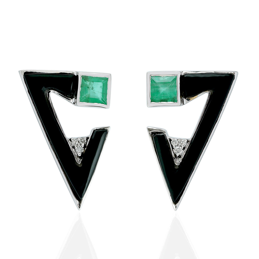 Emerald & Diamond Geometric V-Shape Enamel Stud Earrings in 18K White Gold