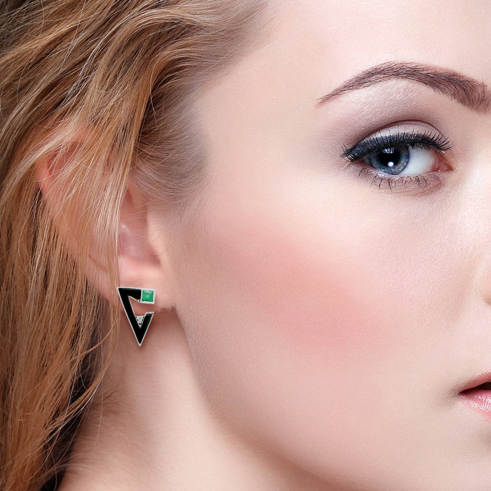 Emerald & Diamond Geometric V-Shape Enamel Stud Earrings in 18K White Gold