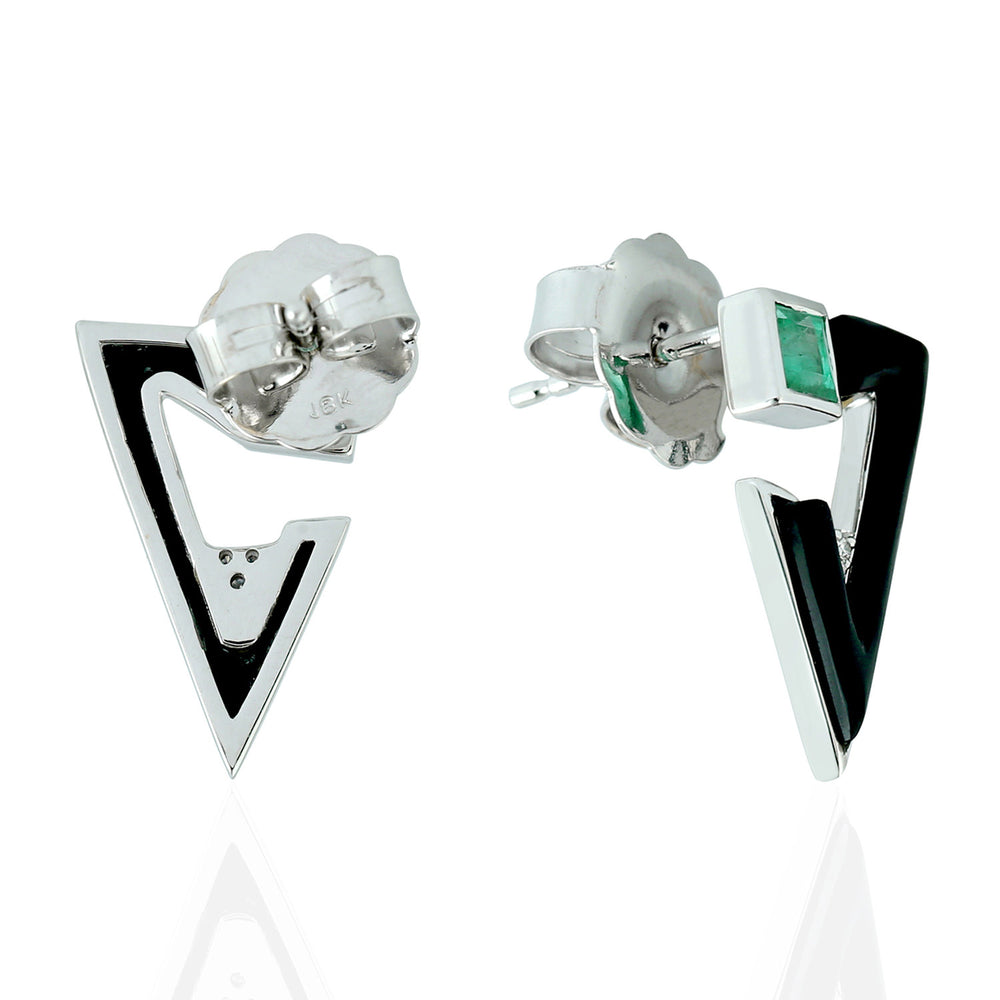 Emerald & Diamond Geometric V-Shape Enamel Stud Earrings in 18K White Gold