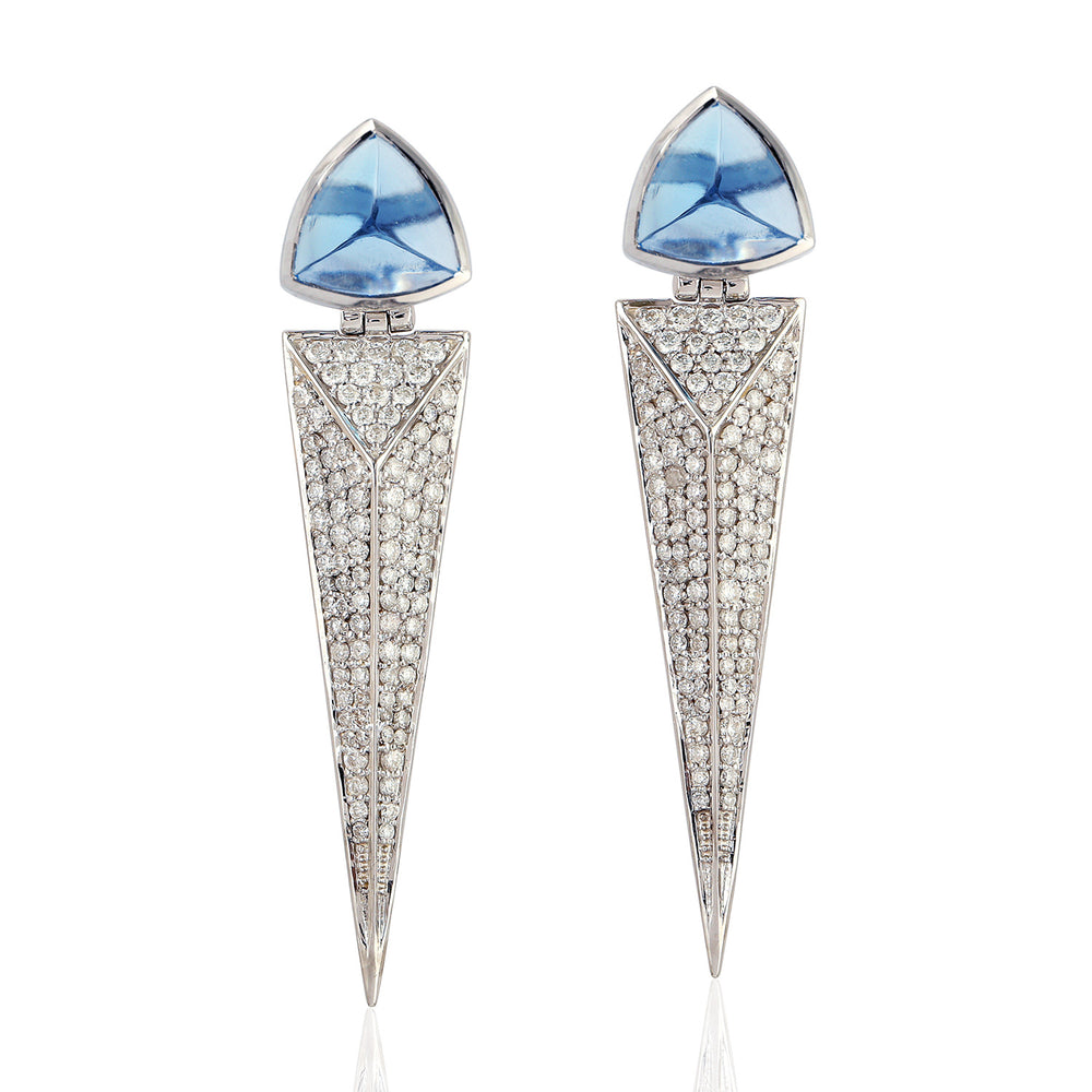 Triangle Cut Blue Topaz Pave Diamond Spike Dangler In 18K White Gold