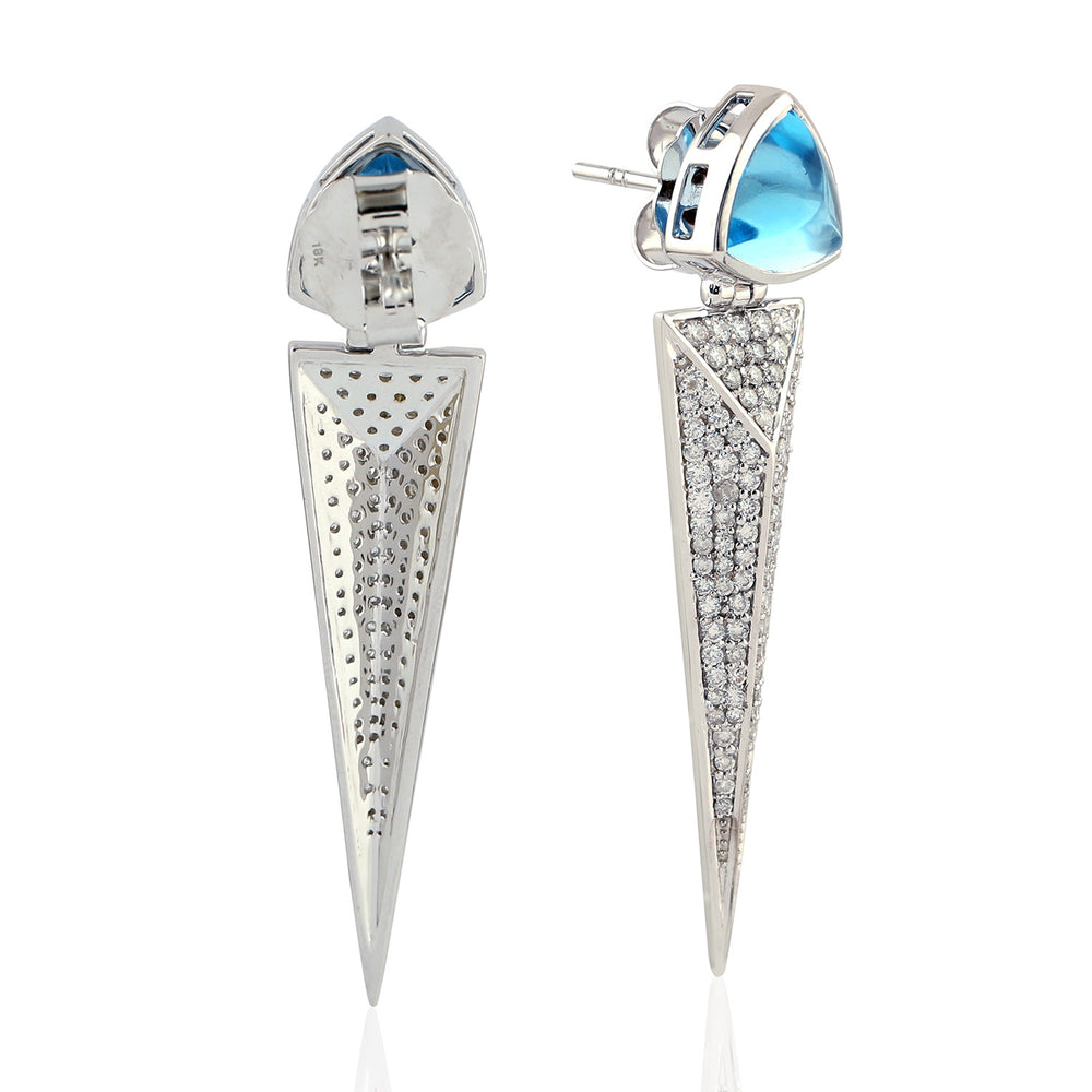 Triangle Cut Blue Topaz Pave Diamond Spike Dangler In 18K White Gold