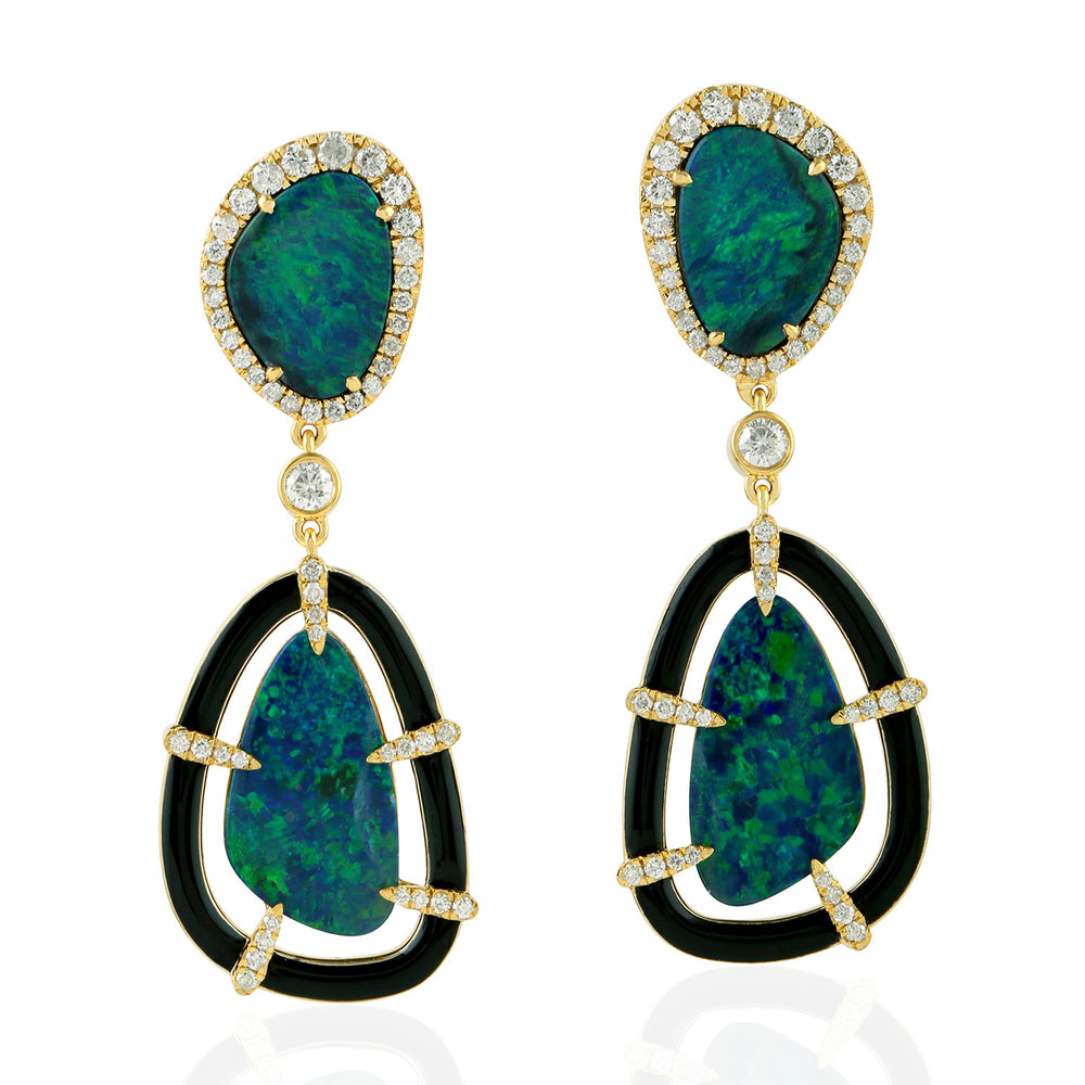 Opal Doublet Pave Diamond Halo Design Beautiful Danglers In 18k Yellow Gold For Her