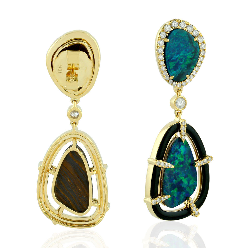 Opal Doublet Pave Diamond Halo Design Beautiful Danglers In 18k Yellow Gold For Her