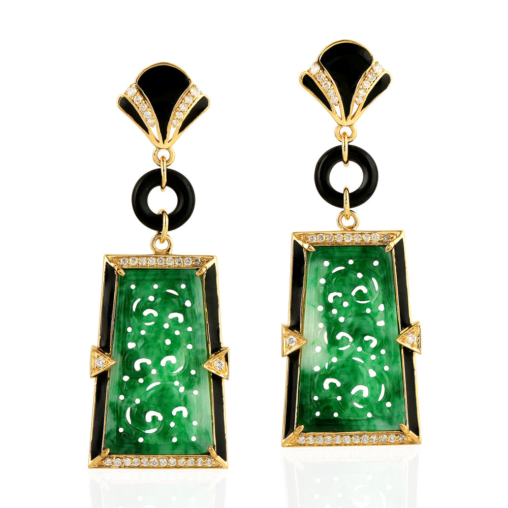 Carved Jade Fancy Cut Onyx Pave Diamond Dangler Earrings In Yellow Gold