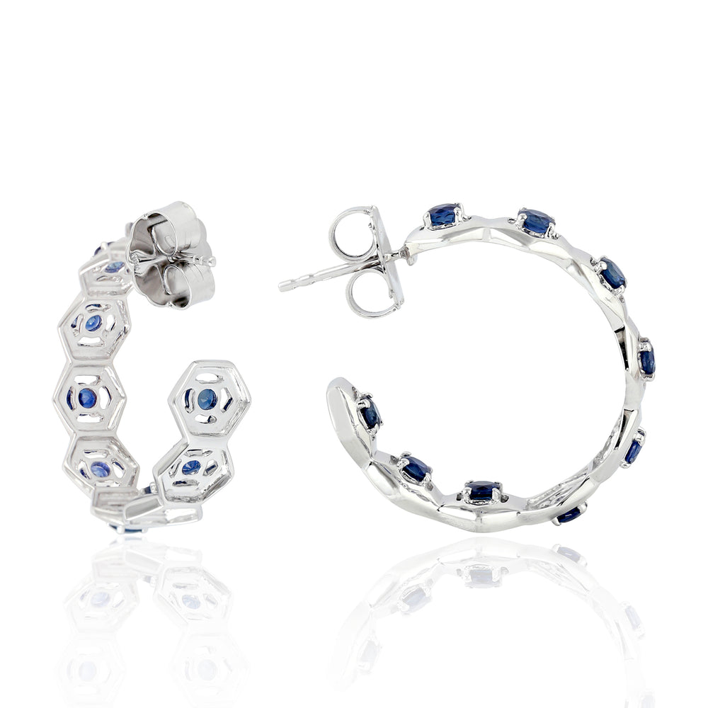 Blue Sapphire 18k White Gold Designer Hoop Earrings