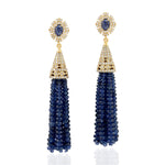 Round Blue Sapphire Beads Pave Diamond Tassel Wedding Earrings In 18K Yellow Gold For Gifts