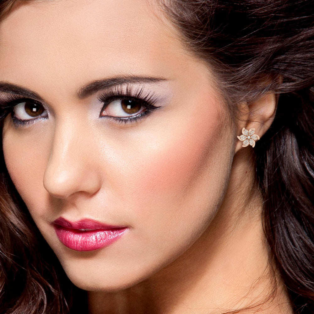 Pave Diamond In 18k Rose Gold Daisy Stud Earrings For Gift