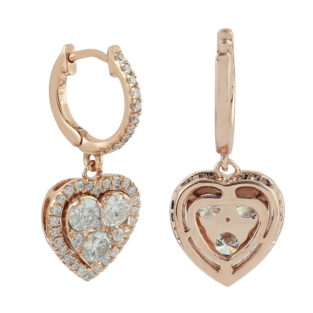 18k Rose Gold Rose Cut Diamond Heart Huggie Earrings Gift
