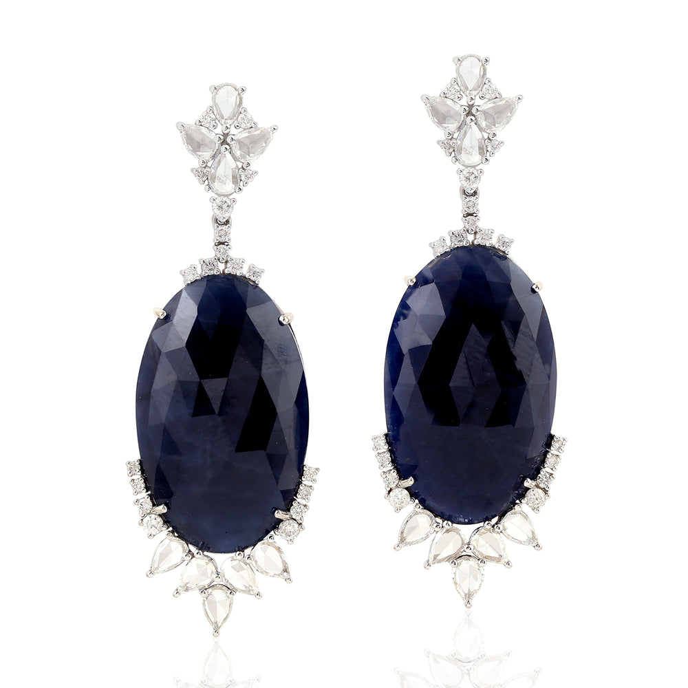 Natural Oval Cut Blue Sapphire Pave Diamond Drop Danglers In White Gold