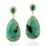 Pear Cut Emerald Pave Diamond 18k Yellow Gold Tear Drop Danglers