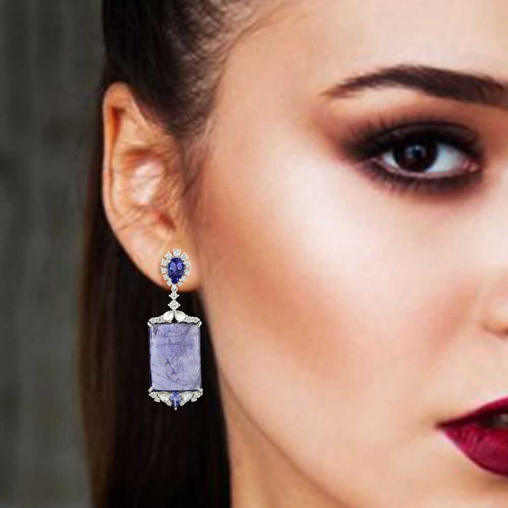 Rectangle Tanzanite Pave Diamond Stunning Danglers For Her In 18k White Gold For Her