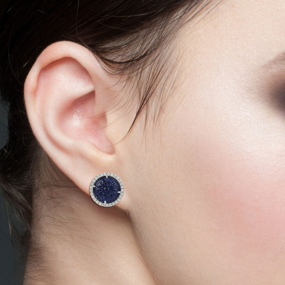 Carved Blue Sapphire Pave Diamond Stud Earrings 18k White Gold Ear Jewelry For Women