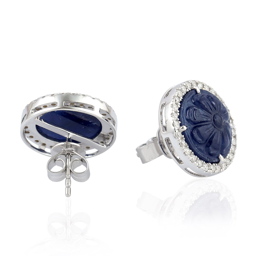 Carved Blue Sapphire Pave Diamond Stud Earrings 18k White Gold Ear Jewelry For Women