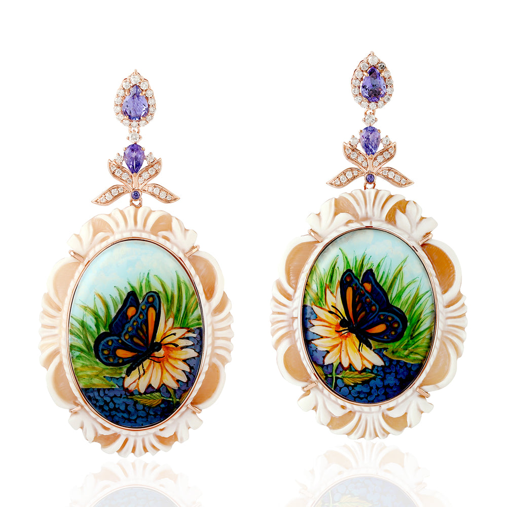 Shall Cameo Pear Tanzanite Pave Diamond Butterfly Picture Enamel Dangle Earrings In 18K Yellow Gold