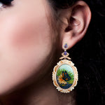 Shall Cameo Pear Tanzanite Pave Diamond Butterfly Picture Enamel Dangle Earrings In 18K Yellow Gold