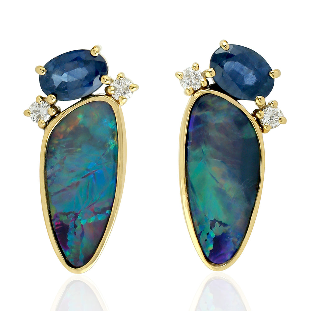 Faceted Oval Sapphire Opal Diamond Unique Design 18k Yellow Gold Stud Ear Jewelry