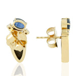 Faceted Oval Sapphire Opal Diamond Unique Design 18k Yellow Gold Stud Ear Jewelry