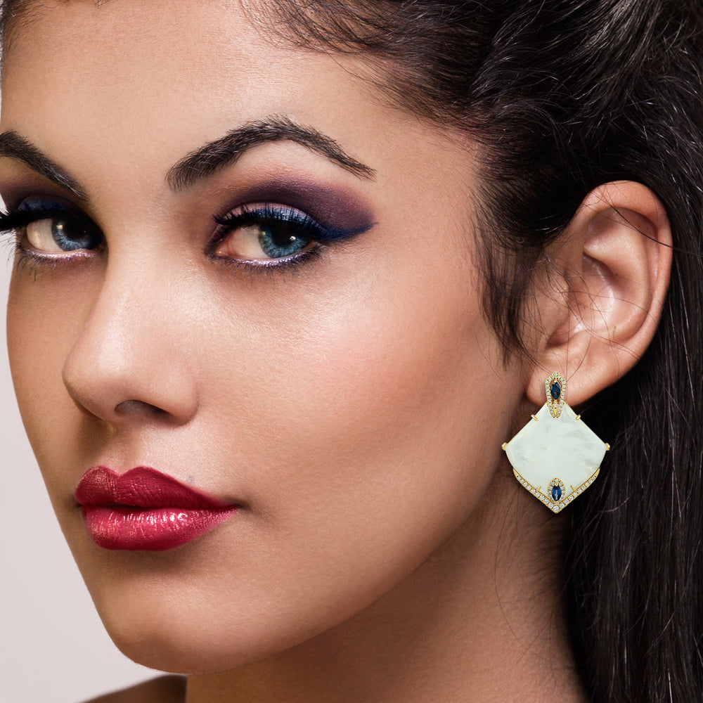 Fancy MOP Marquise Cut Blue Sapphire Pave Diamond Unique Dangler In Gold