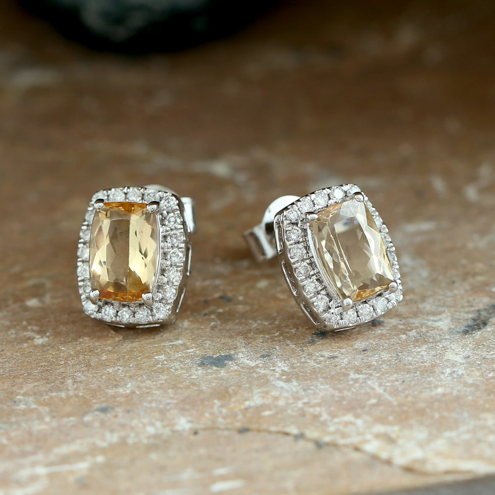 Topaz Imperial November Birthstone Pave Diamond Stud Earrings In White Gold