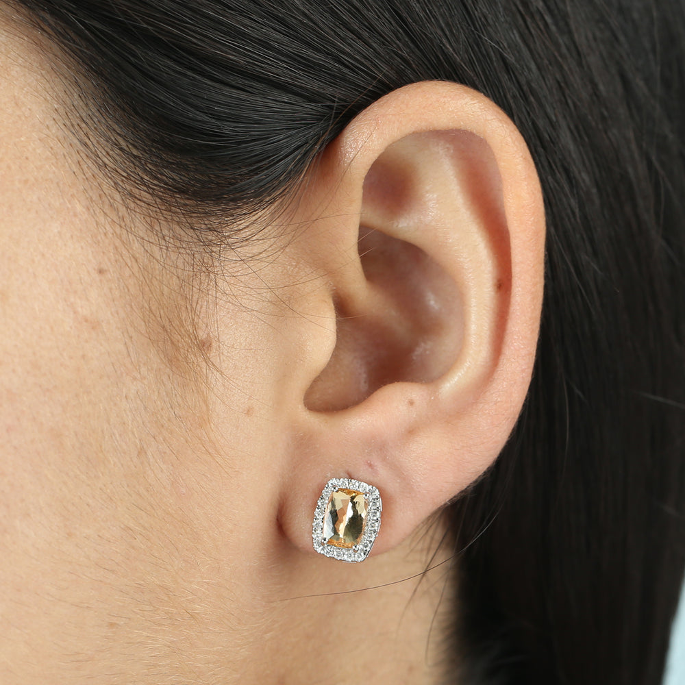 Topaz Imperial November Birthstone Pave Diamond Stud Earrings In White Gold