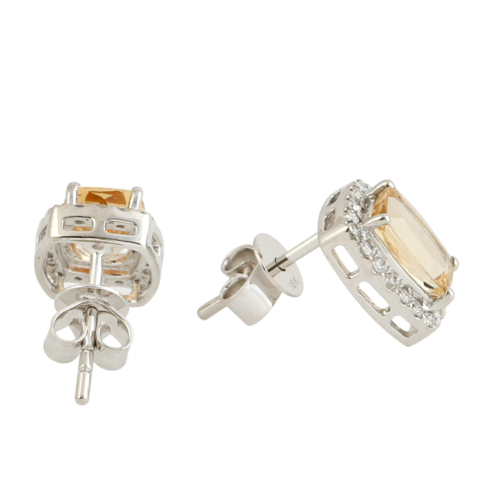 Topaz Imperial November Birthstone Pave Diamond Stud Earrings In White Gold
