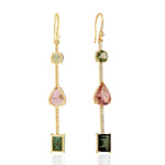 Pear Cut Tourmaline Diamond 18k Yellow Gold Hook Mismatch Danglers For Gift