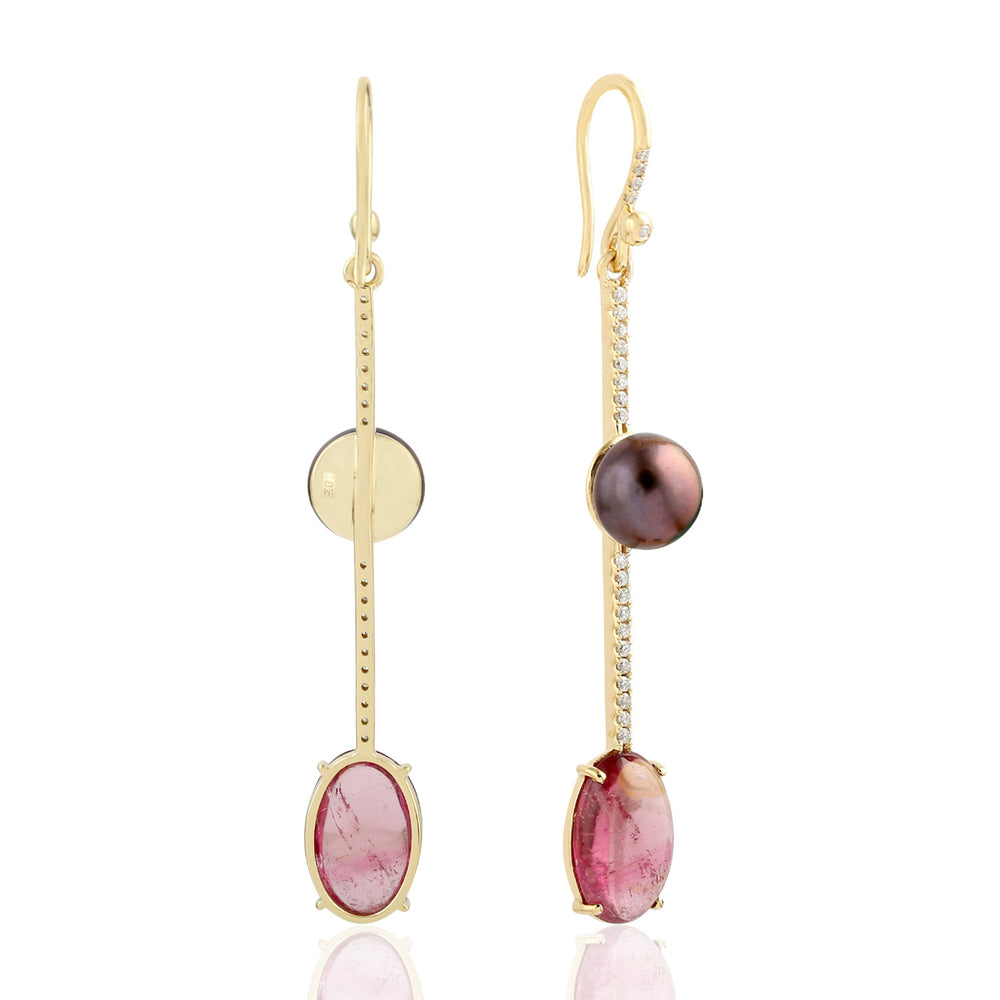 Natural Pearl Tourmaline Pave Diamond Beautiful Mismatch Hook Danglers In 18k Yellow Gold