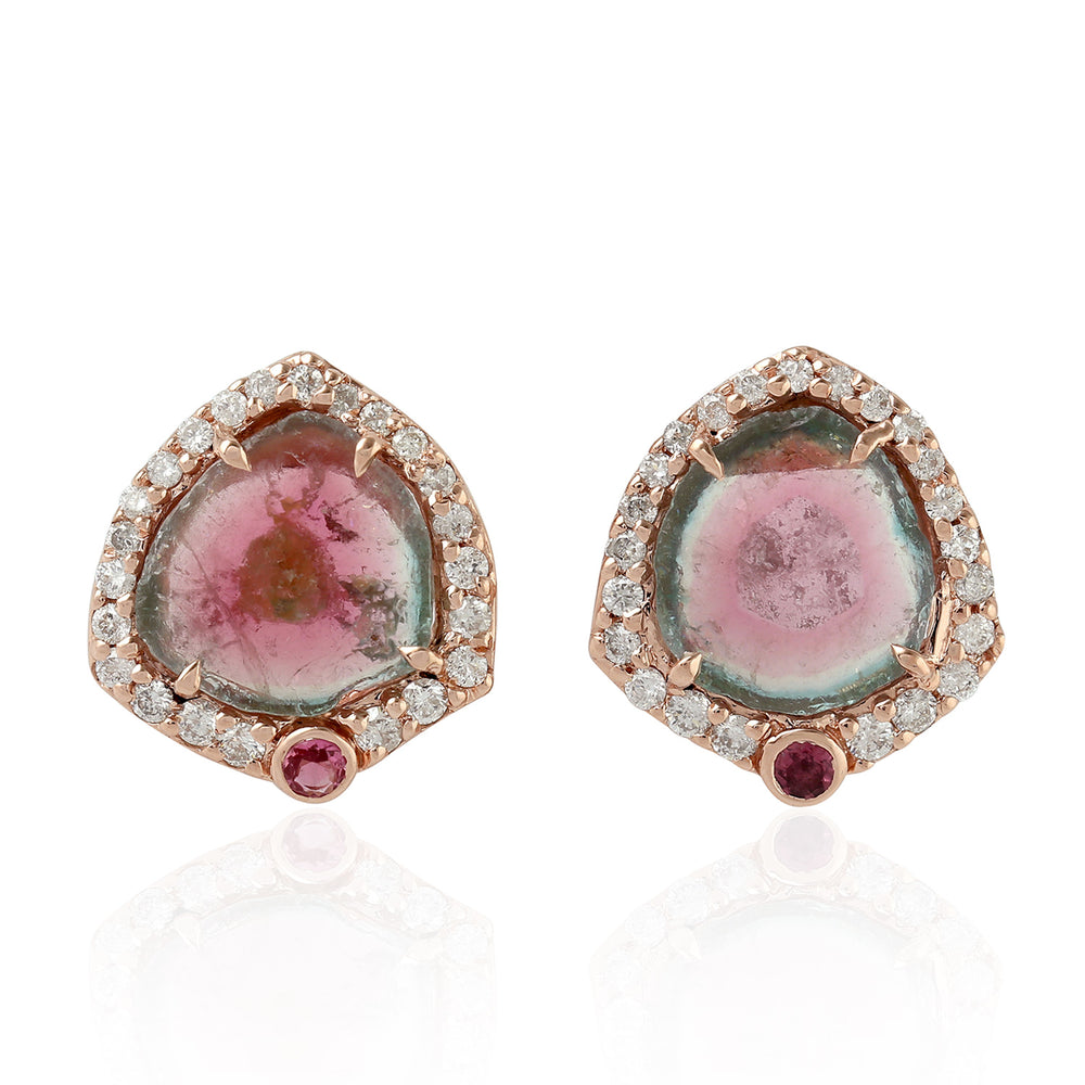 Prong Set Tourmaline Melon Pink Tourmaline Rose Gold Diamond Stud Earrings For Women