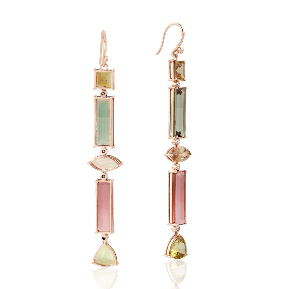 Trillion Cut Baguette Tourmaline Diamond Mismatch 18k Rose Gold Hook Danglers For Women