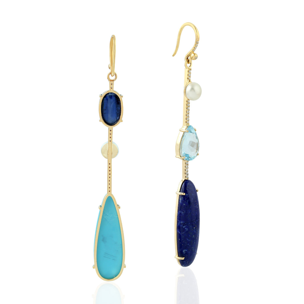 Cabochon Kynaite Turquoise Lapis Mismatch 18k Yellow Gold Diamond Hook Danglers For Her