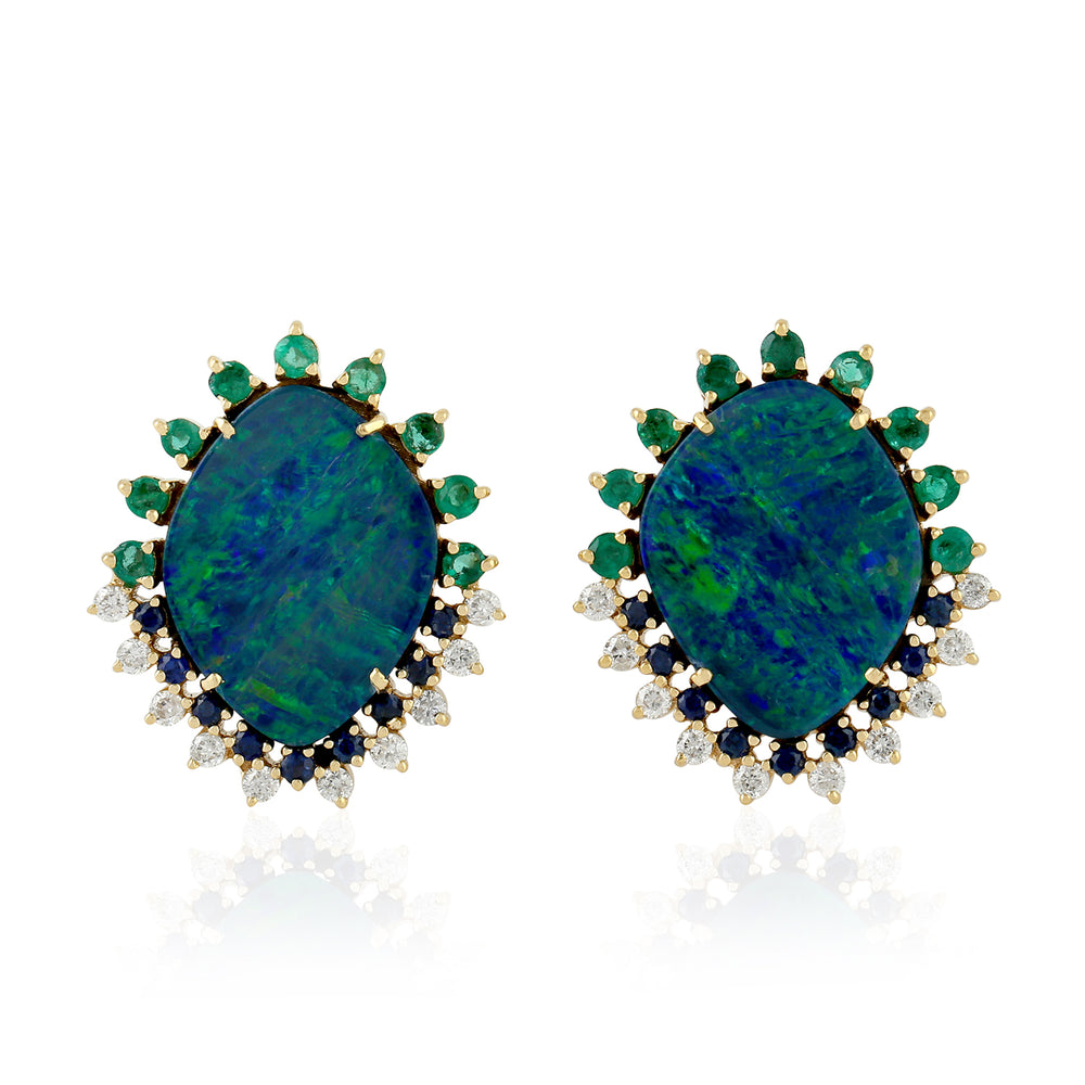 Australian Opal, Emerald & Sapphire Pave Diamond Halo Stud Earrings in 18K Yellow Gold